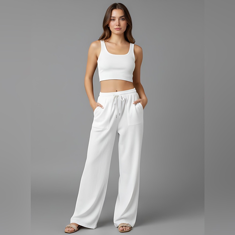 White 100% Cotton Drawstring Waist Wide Leg Pants